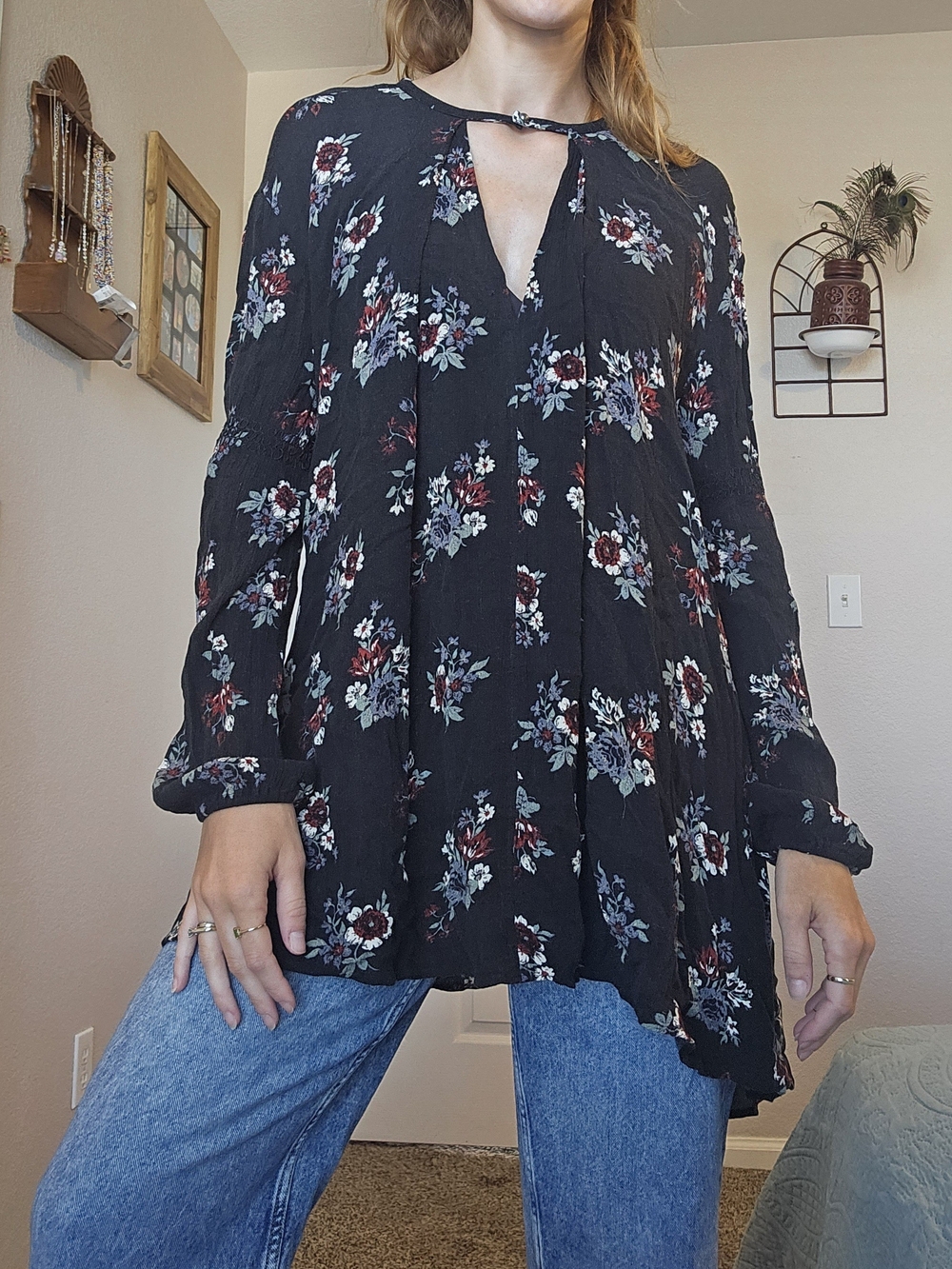 Free People Black Floral Keyhole Peasant Top